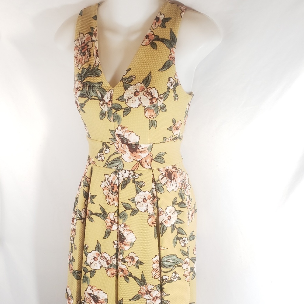 Yellow Floral Haute Monde V Neck Pleated Dress